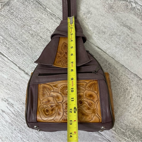 Tooled Leather Backpack Boho Western Mini Bag Purse Satchel VTG Purple Tan - Picture 4 of 9